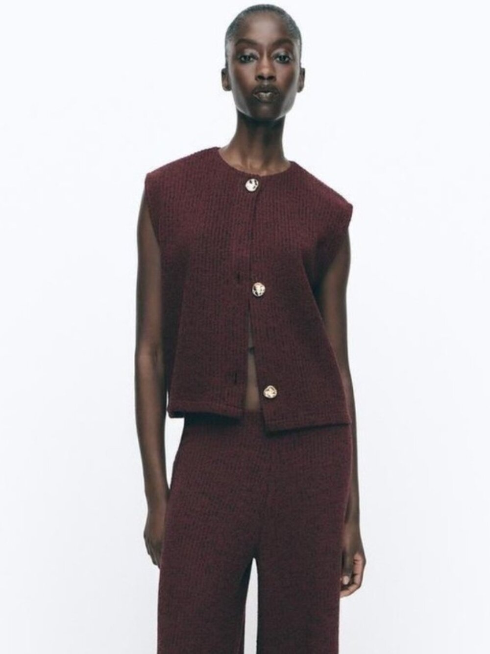 ZARA Structured Button Vest Top Burgundy Women's Size Large Textured Weave Red L
